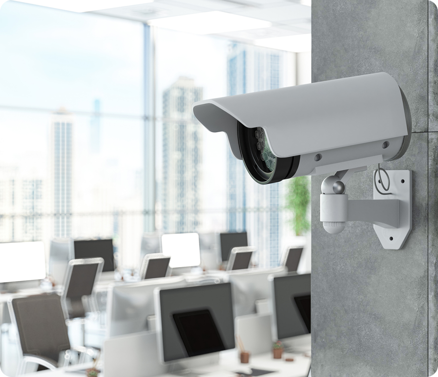 Office with mounted security camera