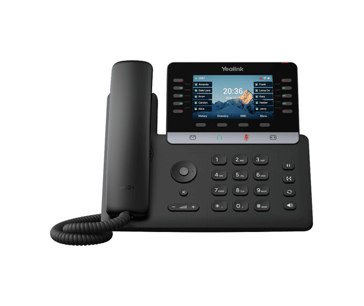 Black office desk phone with touchscreen display